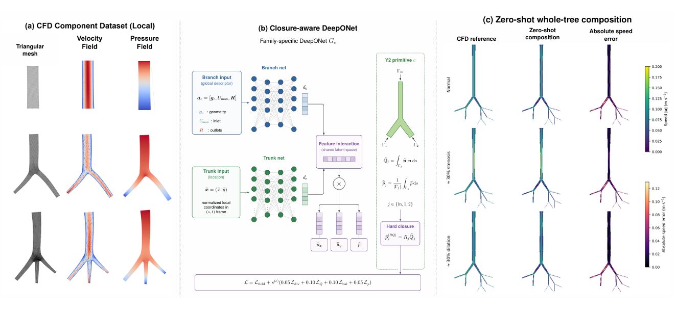 Three-panel workflow: local CFD on tube, bifurcation and trifurcation primitives with velocity and pressure fields; a closure-aware DeepONet with branch and trunk networks and hard closure on outlet fluxes; and zero-shot whole-tree composition compared against CFD reference with absolute speed error.