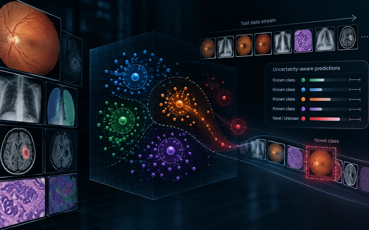 A prototype embedding space holding four coloured clusters of known medical-imaging classes, with a stream of test images passing above it and a panel of uncertainty-aware predictions alongside, in which an unfamiliar retinal image is flagged in red as a novel class.