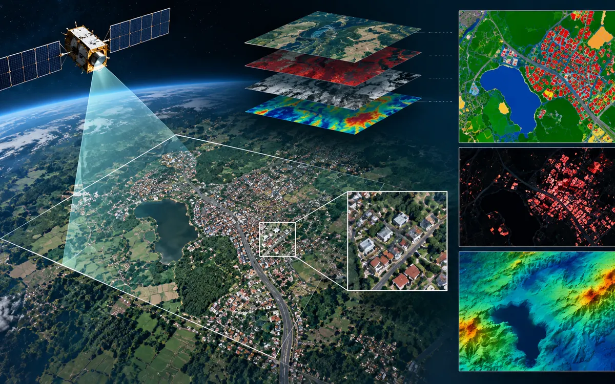 A satellite imaging a populated valley from orbit, beside a stack of co-registered raster layers — true colour, infrared, radar and thermal — and panels showing a colour-coded land-cover segmentation, an infrared response map and a terrain elevation model.