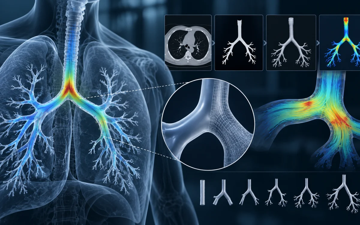 A translucent human chest showing the bronchial airway tree coloured by simulated airflow speed, with a pipeline strip running from CT slice to segmented airway to surface mesh to flow solution, a magnified view of the mesh at a bifurcation, and a series of progressively branching generated airway trees.